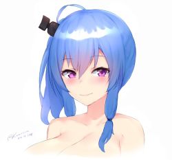 Rule 34 | 1girl, ahoge, azur lane, blue hair, blush, breasts, cleavage, closed mouth, dated, headgear, huge breasts, kuavera, looking at viewer, nude, one side up, purple eyes, signature, simple background, smile, solo, st. louis (azur lane), topless frame, twitter username, upper body, white background