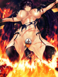 Rule 34 | 1girl, blood, breasts, breasts apart, burning, cowboy shot, cross, crotch plate, crucifixion, demon girl, closed eyes, facing viewer, fire, from below, guro, inverted cross, large breasts, nail, nailed, purple hair, s zenith lee, scar, solo, stitches, thighhighs, torn clothes, torture, whip marks, wings, from below