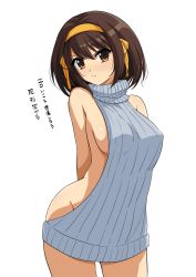 Rule 34 | &gt;:/, 1girl, arms behind back, bare shoulders, breasts, brown eyes, brown hair, cowboy shot, facing viewer, hairband, haruhisky, highres, looking at viewer, medium breasts, meme attire, no bra, no panties, revealing clothes, ribbed sweater, short hair, sideboob, simple background, solo, standing, suzumiya haruhi, suzumiya haruhi no yuuutsu, sweat, sweater, thighs, third-party edit, translated, virgin killer sweater, white background, yellow hairband