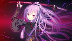 Rule 34 | 1girl, blush, capelet, closed mouth, female focus, fighting stance, fingerless gloves, floating hair, from behind, game cg, gloves, gradient background, hands up, high ponytail, holding, holding sword, holding weapon, long hair, looking at viewer, nose blush, original, pero, pink eyes, purple hair, simple background, smile, solo, suzakuin tsubaki, sword, tsubaki to one room: kizuna kirameku koi iroha ss, upper body, weapon, wide sleeves