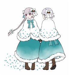 Rule 34 | 10s, 2girls, 88 taho, blue dress, boots, brown footwear, cape, capelet, dress, fate/apocrypha, fate/extra, fate (series), female focus, flat color, from behind, full body, fur-trimmed cape, fur trim, gradient dress, green eyes, hair ribbon, holly, jack the ripper (fate/apocrypha), long dress, looking to the side, mistletoe, multiple girls, nursery rhyme (fate), purple eyes, ribbon, simple background, star (symbol), white background, white hair