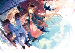 Rule 34 | 1boy, 1girl, :d, animal ears, bird, blue eyes, brown eyes, brown hair, formal, fox ears, fox tail, from above, hajimari no yakou ressha, hat, holding, japanese clothes, kirero, long hair, looking at viewer, looking up, oil-paper umbrella, open mouth, original, peaked cap, sitting, smile, suit, swallow (bird), tail, umbrella