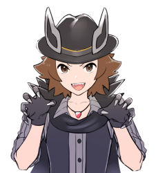Rule 34 | 1boy, :d, animal hands, black hat, black scarf, brown eyes, brown hair, buttons, claw pose, collarbone, creatures (company), game freak, gloves, grey background, grey shirt, hands up, hat, highres, hilbert (fall 2020) (pokemon), hilbert (pokemon), jewelry, male focus, necklace, nintendo, official alternate costume, open mouth, paw gloves, pokemon, pokemon ears, pokemon masters ex, scarf, shirt, simple background, smile, solo, teeth, tongue, tudurimike, upper body, upper teeth only, vest