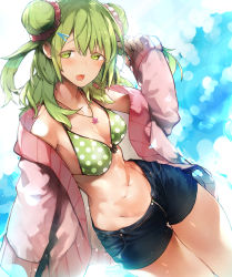 Rule 34 | 1girl, :d, aged up, arm up, bikini, bikini top only, black shorts, blue sky, blush, breasts, commentary request, day, double bun, dutch angle, earrings, green bikini, green eyes, green hair, hair between eyes, hair bun, highres, jacket, jewelry, long hair, long sleeves, looking at viewer, medium breasts, morinaka kazaki, navel, nijisanji, nishiide kengorou, open clothes, open jacket, open mouth, outdoors, pink jacket, polka dot, polka dot bikini, polka dot bikini top, short shorts, shorts, side bun, sky, sleeves past wrists, smile, solo, swimsuit, two side up, virtual youtuber