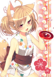 Rule 34 | 1girl, :d, absurdres, ahoge, animal ears, bad id, bad pixiv id, bare shoulders, blonde hair, blush, bottomless, chrysanthemum, cup, dancho (dancyo), fang, flower, fox ears, fox tail, highres, holding, japanese clothes, long hair, looking at viewer, no panties, obi, open mouth, original, petals, red eyes, revision, sakazuki, sash, skull.03, smile, solo, tail, twintails