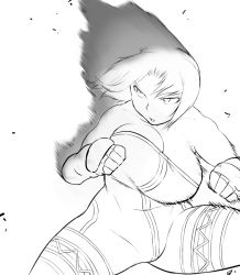 Rule 34 | 1girl, bad id, bad pixiv id, bare shoulders, bouncing breasts, breasts, fighting stance, final fantasy, final fantasy tactics, fingerless gloves, gloves, greyscale, huge breasts, monk (fft), monochrome, short hair, solo, tsukudani (coke-buta)