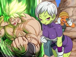 Rule 34 | 10s, 1girl, 2boys, abs, alien, aura, biceps, blush, breasts, broly (dragon ball super), cheelai, cleavage, colored skin, curvy, dragon ball, dragon ball super, english text, fushisha o, gloves, green skin, leaning forward, legendary super saiyan, lemo (dragon ball), looking at viewer, medium breasts, multiple boys, muscular, naughty face, open mouth, pectorals, purple eyes, scar, scouter, shiny skin, short hair, silver hair, skin tight, smile, spiked hair, super saiyan, sweat, topless male, white gloves