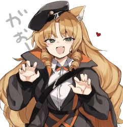 Rule 34 | 1girl, animal ears, arknights, black cloak, black hat, black jacket, blonde hair, blush, breasts, cabbie hat, cloak, collared shirt, commentary, drill hair, fang, freenote mr, green eyes, hat, heart, highres, jacket, long hair, looking at viewer, medium breasts, open mouth, parted bangs, shirt, side drill, simple background, skin fang, smile, solo, swire (arknights), tiger ears, twin drills, upper body, white background, white shirt, wing collar