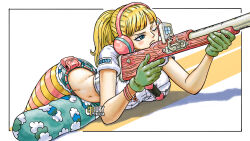 Rule 34 | 1girl, aiming, artist name, ass, asymmetrical legwear, blonde hair, blue eyes, blush stickers, breasts, closed mouth, curvy, female focus, from side, full body, gloves, green gloves, gun, headphones, hibari (one piece), highres, holding, holding gun, holding weapon, iury padilha, large breasts, long hair, low ponytail, lying, military uniform, navel, nose, one eye closed, one piece, outside border, ponytail, rifle, scope, short sleeves, simple background, sniper rifle, socks, solo, striped clothes, striped socks, striped thighhighs, thighhighs, thighs, tsurime, uniform, v-shaped eyebrows, weapon, white background, yellow background