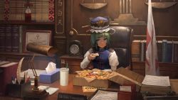 Rule 34 | 1girl, absurdres, bad id, bad pixiv id, blue eyes, blue hat, blue vest, book, box, chair, character name, clock, commentary request, desk lamp, diploma, eating, epaulettes, feathers, food, frilled hat, frills, green hair, hat, highres, holding, holding food, indoors, juliet sleeves, lamp, long sleeves, looking at viewer, mikado (winters), nachos, puffy sleeves, ribbon, shiki eiki, shirt, short hair, sitting, solo, tissue, tissue box, touhou, upper body, vest, white shirt