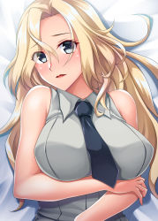 Rule 34 | 1girl, absurdres, arm across chest, bed sheet, blonde hair, blouse, blue eyes, blush, breasts, highres, hornet (kancolle), kantai collection, large breasts, long hair, looking at viewer, lying, messy hair, necktie, on back, on bed, parted lips, ruin re birth, shirt, sleeveless, sleeveless shirt, solo, upper body, white shirt