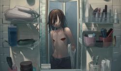 Rule 34 | 1other, anatomical nonsense, bathroom, black hair, extra mouth, hair over eyes, indoors, long hair, mirror, nipples, original, solo, tensen (dotted line), toothbrush, undressing, what