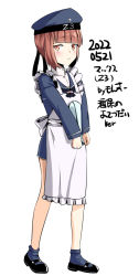 Rule 34 | 1girl, apron, blue dress, blue socks, blunt bangs, brown eyes, brown hair, clothes writing, commentary request, dated, dress, embarrassed, hat, kantai collection, looking at viewer, mary janes, monsuu (hoffman), sailor collar, sailor dress, sailor hat, shoes, short hair, simple background, socks, solo, standing, translation request, white background, z3 max schultz (kancolle)