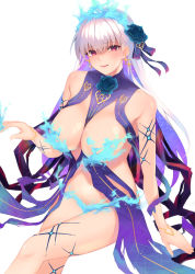Rule 34 | 1girl, absurdres, asm ln, bare shoulders, blue fire, blue hair, blush, body markings, bracelet, breasts, earrings, fate/grand order, fate (series), fire, flower, hair flower, hair ornament, hair ribbon, highres, jewelry, kama (fate), kama (swimsuit avenger) (fate), kama (swimsuit avenger) (third ascension) (fate), large breasts, long hair, looking at viewer, lotus, multicolored hair, navel, open mouth, red eyes, revealing clothes, ribbon, silver hair, smile, solo, star (symbol), star earrings, thighs, two-tone hair