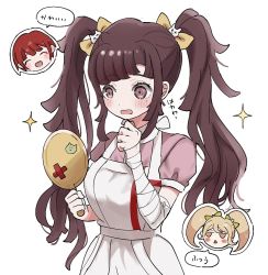 Rule 34 | 3girls, :d, alternate hairstyle, apron, black hair, blonde hair, blush, bow, cat hair ornament, commentary, danganronpa (series), danganronpa 2: goodbye despair, gorila chan, hair bow, hair ornament, hand up, holding, holding mirror, koizumi mahiru, long hair, mirror, mole, mole under eye, multiple girls, open mouth, pink shirt, puffy short sleeves, puffy sleeves, red hair, saionji hiyoko, shirt, short hair, short sleeves, simple background, smile, solo focus, symbol-only commentary, translation request, tsumiki mikan, twintails, white apron, white background