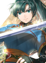 Rule 34 | 1girl, blue eyes, blue shirt, breasts, closed mouth, delsaber, earrings, fingerless gloves, fire emblem, fire emblem: the blazing blade, glint, gloves, gold earrings, green hair, high collar, high ponytail, highres, jewelry, large breasts, long hair, lyn (fire emblem), nintendo, ponytail, rope belt, sash, serious, shirt, short sleeves, solo, sword, undershirt, upper body, weapon