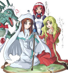 Rule 34 | 3girls, ?, apron, bad id, bad pixiv id, blonde hair, brown eyes, brown hair, circlet, claws, dragon, dress, echizen (hvcv), elen (fire emblem), eyelashes, fire emblem, fire emblem: the binding blade, gold trim, grass, guinevere (fire emblem), habit, heart, jewelry, long hair, long sleeves, maid, maid apron, maid headdress, mary janes, melady (fire emblem), multiple girls, necklace, nintendo, nun, partially translated, red eyes, red hair, shoes, short hair, sitting, staff, sweat, translation request, wavy hair, yellow eyes
