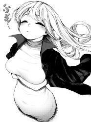 Rule 34 | 1girl, absurdres, arms under breasts, blush, breasts, closed eyes, closed mouth, commentary, cropped legs, dress, english commentary, eyelashes, greyscale, hemuling, highres, jacket, jacket on shoulders, large breasts, long hair, monochrome, original, simple background, solo, turtleneck, turtleneck dress, very long hair