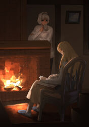 Rule 34 | 1boy, 1girl, black hairband, black pants, blanket, blonde hair, blue eyes, blue sweater vest, book, book on lap, brown pants, caenis (fate), chair, cup, dark-skinned female, dark skin, drawing (object), elbow rest, fate/grand order, fate (series), fire, fireplace, firewood, gloves, hair intakes, hairband, hand on own arm, holding, holding cup, house, indoors, kirschtaria wodime, long hair, long sleeves, looking at another, looking down, open book, pants, parted lips, picture frame, reading, sabamori, shirt, sitting, slippers, socks, standing, sweater, sweater vest, white gloves, white hair, white shirt, white socks, white sweater, wooden chair