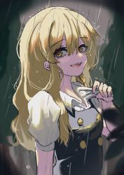 Rule 34 | 1girl, bad id, bad twitter id, black dress, blonde hair, bow, braid, buttons, collar, collared shirt, commentary request, dress, hair between eyes, hair bow, highres, holding, holding collar, kirisame marisa, leaf, looking at viewer, no headwear, puffy sleeves, rain, shirt, short sleeves, side braid, single braid, smile, solo, teeth, touhou, upper body, upper teeth only, wet, wet clothes, y kirisame sk, yellow eyes