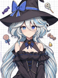 Rule 34 | 1girl, alternate costume, bare shoulders, black dress, black hat, blue eyes, blue hair, breasts, candy, cleavage, commentary, dress, food, furina (genshin impact), genshin impact, hair between eyes, hat, highres, lollipop, long hair, long sleeves, looking at viewer, medium breasts, off-shoulder dress, off shoulder, smile, solo, upper body, very long hair, vickie (cryingrobot), witch hat