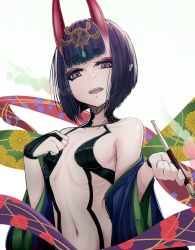 Rule 34 | 1girl, b.d, bare shoulders, bob cut, breasts, collarbone, eyeliner, fate/grand order, fate (series), headpiece, highres, horns, japanese clothes, kimono, long sleeves, looking at viewer, makeup, oni, purple eyes, purple hair, purple kimono, revealing clothes, short hair, shuten douji (fate), skin-covered horns, small breasts, wide sleeves