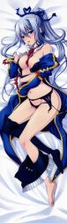 Rule 34 | 1girl, absurdres, areola slip, barefoot, between breasts, black panties, blue eyes, blue hair, blue thighhighs, bra, breasts, bustier, cleavage, clothes pull, coat, copyright request, d:, dakimakura (medium), detached collar, excia, feet, full body, garter belt, gloves, hair ribbon, highres, huge filesize, legs, long image, long sleeves, matching hair/eyes, off shoulder, open bra, open mouth, panties, ponytail, ribbon, side-tie panties, single thighhigh, skirt, skirt around one leg, skirt pull, solo, tall image, tamanin, thighhighs, thighhighs pull, unbuttoned, underwear, untied
