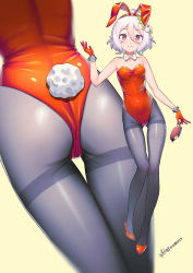 Rule 34 | 1girl, absurdres, alternate costume, animal ears, ass, beige background, black footwear, black pantyhose, bow, bowtie, breasts, chinese commentary, commentary request, covered navel, fake animal ears, flower, food, full body, gluteal fold, hair between eyes, hair flower, hair ornament, high heels, highres, kokkoro (princess connect!), leotard, looking at viewer, orange leotard, pantyhose, pink eyes, playboy bunny, pointy ears, popsicle, princess connect!, rabbit ears, rabbit girl, rabbit tail, short hair, signature, silver hair, simple background, small breasts, solo, split mouth, strapless, strapless leotard, tail, thigh gap, thighband pantyhose, white bow, white bowtie, xiaoxi0619, zoom layer