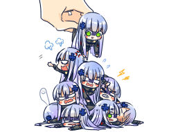 Rule 34 | &gt; o, 1other, 6+girls, black jacket, blank eyes, blue hair, blush stickers, chibi, clenched teeth, closed eyes, cross, cross hair ornament, dogpile, faceplant, flying sweatdrops, girls&#039; frontline, giving up the ghost, green eyes, hair ornament, half-closed eyes, hk416 (girls&#039; frontline), iron cross, jacket, lightning bolt symbol, long hair, looking at another, mini person, minigirl, multiple girls, on floor, one eye closed, open mouth, outstretched arm, picking up, puff of air, shaded face, simple background, square mouth, su xiao jei, teardrop facial mark, teeth, v-shaped eyebrows, wavy mouth, white background
