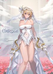 Rule 34 | 1girl, bare shoulders, between breasts, blonde hair, breasts, bridal veil, bride, cloud, cloudy sky, commentary request, copyright name, covered navel, day, dual wielding, evertale, feather trim, flower, gloves, green eyes, highres, holding, holding sword, holding weapon, lancelot (evertale), large breasts, leotard, logo, looking at viewer, official art, outdoors, parted lips, petals, sage joh, shiny skin, short hair, simple background, sky, solo, strapless, strapless leotard, sunlight, sword, thighs, veil, weapon, white gloves