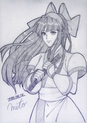 Rule 34 | 1girl, ainu clothes, artist name, breasts, fingerless gloves, gloves, hair ribbon, long hair, monochrome, nakoruru, ribbon, sad, samurai spirits, small breasts, snk, solo, the king of fighters, traditional media, weapon