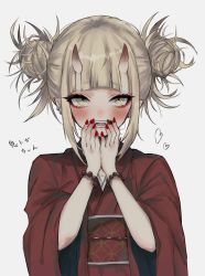 Rule 34 | 10s, 1girl, bead bracelet, beads, blonde hair, blunt bangs, blush, boku no hero academia, bracelet, earrings, fangs, fingernails, hands on own cheeks, hands on own face, heart, highres, horns, japanese clothes, jewelry, kimono, long fingernails, messy hair, nail polish, oni, oni horns, open mouth, pointy ears, red nails, solo, sousakuureir, tagme, toga himiko, yellow eyes