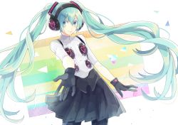 Rule 34 | 1girl, alternate costume, aqua eyes, aqua hair, black gloves, black pantyhose, commentary request, gloves, hatsune miku, headphones, highres, junjam, long hair, looking at viewer, pantyhose, persona, persona 4: dancing all night, persona dancing, skirt, smile, solo, twintails, very long hair, vocaloid