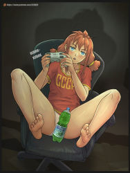 Rule 34 | 1girl, :o, bad perspective, bare legs, barefoot, blue eyes, blush, bottle, brown hair, chair, clothes writing, commentary, controller, highres, holding, holding controller, leonzo, long hair, no pants, office chair, open mouth, original, panties, pantyshot, red shirt, shirt, short sleeves, sitting, solo, spread legs, swivel chair, t-shirt, teeth, twintails, underwear, upper teeth only, ussr-tan, white panties
