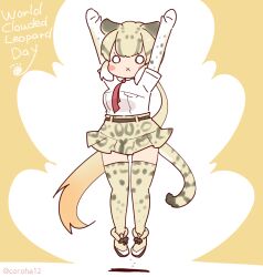 Rule 34 | 1girl, animal ears, arms up, belt, cat ears, cat girl, cat tail, clouded leopard (kemono friends), coroha, elbow gloves, extra ears, full body, gloves, grey hair, jumping, kemono friends, long hair, looking at viewer, necktie, shirt, shoes, simple background, skirt, solo, tail, thighhighs, yellow background