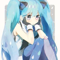 Rule 34 | 1girl, asymmetrical legwear, bad id, bad pixiv id, black gloves, blue eyes, blue hair, blue pantyhose, bow, gloves, hair bow, hands on own cheeks, hands on own face, hatsune miku, heterochromia, knees together feet apart, long hair, looking down, matching hair/eyes, mismatched legwear, multicolored eyes, pantyhose, pink eyes, simple background, sitting, sleeveless, snail, solo, twintails, very long hair, vocaloid, yuya kyoro