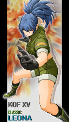 Rule 34 | 1girl, black gloves, blue eyes, blue hair, boots, character name, earrings, gloves, green jacket, green shorts, highres, jacket, jewelry, leona heidern, military, military uniform, ponytail, short sleeves, shorts, solo, suspenders, the king of fighters, the king of fighters xv, triangle earrings, uniform, x chitch