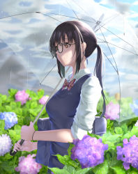 Rule 34 | 1girl, absurdres, bag, black hair, blue flower, bowtie, bracelet, brown eyes, closed mouth, cloud, collared shirt, commentary request, day, flower, glasses, highres, holding, holding umbrella, hydrangea, jewelry, kamehito, long hair, original, outdoors, ponytail, purple flower, rain, red neckwear, school bag, school uniform, shirt, sidelocks, sky, smile, solo, standing, striped bow, striped bowtie, striped clothes, sweater vest, transparent, transparent umbrella, umbrella, uniform, water drop, white shirt