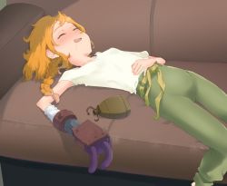 Rule 34 | 1girl, blush, braid, braided ponytail, breasts, closed eyes, collarbone, couch, decadence (anime), drooling, eyebrows, female focus, flask, hachimitsucoffee, hand on own stomach, long hair, lying, natsume (decadence), on back, on couch, open mouth, orange hair, pants, prosthesis, prosthetic arm, saliva, sash, shirt, sidelocks, single braid, sleeping, small breasts, solo, teeth, upper teeth only
