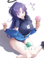 Rule 34 | 1girl, black shirt, blue archive, blue jacket, blush, breasts, food, halo, highres, holding, holding food, ice cream, id card, jacket, komena (shinyday312), lanyard, large breasts, long hair, long sleeves, mechanical halo, official alternate costume, official alternate hairstyle, open clothes, open jacket, open mouth, purple eyes, purple hair, shirt, short sleeves, simple background, solo, track jacket, white background, yuuka (blue archive), yuuka (track) (blue archive)