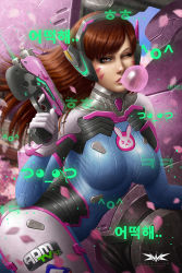 Rule 34 | 1girl, animal print, blue bodysuit, blurry, bodysuit, breasts, brown eyes, brown hair, blowing bubbles, character name, charm (object), chewing gum, clothes writing, d.va (overwatch), depth of field, emblem, emoticon, enrique marcell, facepaint, facial mark, finger on trigger, gloves, gun, handgun, headphones, high collar, highres, holding, holding gun, holding weapon, hologram, korean text, leaning forward, long hair, looking at viewer, making-of available, mecha, medium breasts, meka (overwatch), one eye closed, overwatch, overwatch 1, petals, pilot suit, pink lips, pistol, rabbit print, revision, ribbed bodysuit, robot, shoulder pads, skin tight, smoke, smoking gun, solo, swept bangs, translation request, twisted torso, watermark, weapon, whisker markings, white gloves