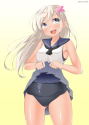 Rule 34 | 10s, 1girl, bad id, bad pixiv id, blonde hair, blue eyes, clothes lift, crop top, flower, hair flower, hair ornament, kankitsunabe (citrus), kantai collection, long hair, one-piece tan, ro-500 (kancolle), sailor collar, school swimsuit, skirt, skirt lift, solo, swimsuit, swimsuit under clothes, tan, tanline