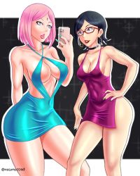 Rule 34 | 2girls, age difference, assymptoad, bare arms, bare legs, bare shoulders, black choker, black hair, black nails, blue dress, blue nails, bodycon, boruto: naruto next generations, breasts, camera flash, cellphone, center opening, choker, cleavage, covered navel, curvy, dress, earrings, facial mark, feet out of frame, forehead jewel, forehead mark, glasses, hand on own hip, haruno sakura, highres, holding, holding cellphone, holding phone, hoop earrings, jewelry, lipstick, magenta dress, makeup, mature female, medium breasts, minidress, mother and daughter, multiple girls, nail polish, naruto (series), no bra, parted bangs, parted lips, phone, pink dress, pink hair, red-framed eyewear, red lips, revealing clothes, revealing dress, ring, selfie, short dress, short hair, sleeveless, sleeveless dress, small breasts, smartphone, standing, taking picture, thick thighs, thighs, uchiha sarada, wide hips