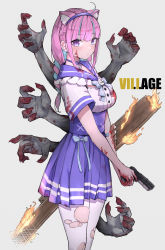 Rule 34 | 1girl, absurdres, animal ears, bad id, bad pixiv id, blood, blood on clothes, blood on face, blood on hands, blue hair, braid, cat ears, gun, hairband, handgun, highres, hitsujisnow, holding, holding gun, holding weapon, hololive, long hair, looking at viewer, minato aqua, minato aqua (sailor), multicolored hair, pantyhose, pink hair, purple eyes, resident evil, resident evil village, short sleeves, simple background, solo, streaked hair, torn clothes, torn pantyhose, two-tone hair, virtual youtuber, weapon, white pantyhose