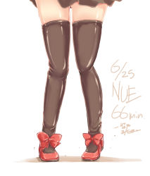 Rule 34 | 1girl, artist name, black thighhighs, character name, close-up, dated, dress, female focus, highres, houjuu nue, ichirino minagi, legs, lower body, pigeon-toed, red footwear, shiny clothes, shiny skin, shoes, short dress, signature, simple background, skirt, solo, standing, thighhighs, touhou, waist down, white background, zettai ryouiki