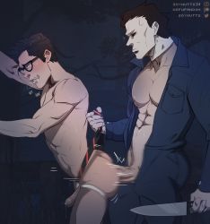 Rule 34 | 2boys, abs, anal, artist name, ass, blue jumpsuit, branch, brown hair, dark background, dead by daylight, dwight fairfield, erection, foreskin, glasses, grass, halloween (movie), heavy breathing, highres, holding, holding knife, jockstrap, jumpsuit, knife, large penis, male focus, male penetrated, male underwear, mask, michael myers, motion blur, motion lines, multiple boys, muscular, muscular male, necktie, nude, open jumpsuit, paid reward available, pale skin, penis, sex, sex from behind, short hair, soynutts, standing, standing sex, tree, uncensored, underwear, unworn necktie, veins, white male underwear, white mask, yaoi