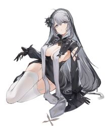 Rule 34 | 1girl, absurdres, ahoge, algerie (azur lane), algerie (meta) (azur lane), azur lane, black footwear, black gloves, breast curtains, breasts, chinese commentary, drill hair, facing viewer, flantia, flower, full body, garter straps, gloves, grey hair, habit, hair between eyes, hair flower, hair ornament, hand on ground, hand up, highres, long hair, long sleeves, lying, on side, purple eyes, sideways glance, simple background, solo, swept bangs, thighhighs, very long hair, white background, white garter straps, white thighhighs