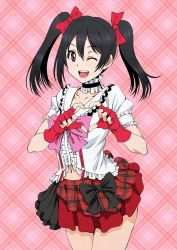 Rule 34 | 10s, 1girl, ;d, bad id, bad twitter id, black hair, bokura wa ima no naka de, bow, choker, fingerless gloves, frills, gloves, hair bow, heart, heart hands, looking at viewer, love live!, love live! school idol project, navel, one eye closed, open mouth, red eyes, red gloves, short hair, short sleeves, skirt, smile, solo, syunzou, twintails, yazawa nico