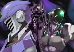 Rule 34 | 10s, 1girl, 2boys, accel world, armor, black lotus (accel world), blurry, blurry background, breastplate, breasts, collarbone, cyan pile, dual wielding, duel avatar, full armor, glowing, helmet, holding, holding sword, holding weapon, kashiyuki, legs together, medium breasts, multiple boys, shoulder pads, silver crow, standing, sword, upper body, weapon