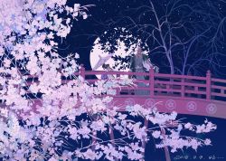 Rule 34 | 1boy, 1girl, animal print, artist name, bird print, bridge, brown hair, cherry blossoms, dated, dizi930, flower, forever 7th capital, from side, full moon, highres, holding, holding umbrella, japanese clothes, kimono, long sleeves, moon, night, night sky, obi, oil-paper umbrella, outdoors, sash, scar, scar on face, scenery, sidelocks, sky, standing, star (sky), starry sky, tree, branch, umbrella, white hair, wide sleeves